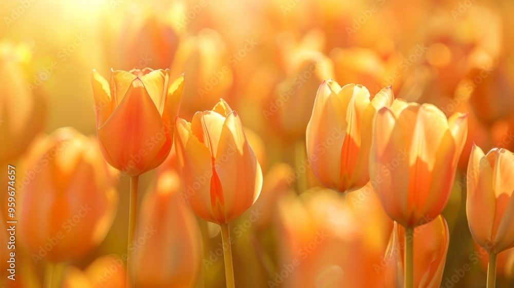 Obraz premium Beautiful golden tulips in soft sunlight, glowing in the golden hour. Ideal for spring and nature-themed projects, radiating warmth and beauty.