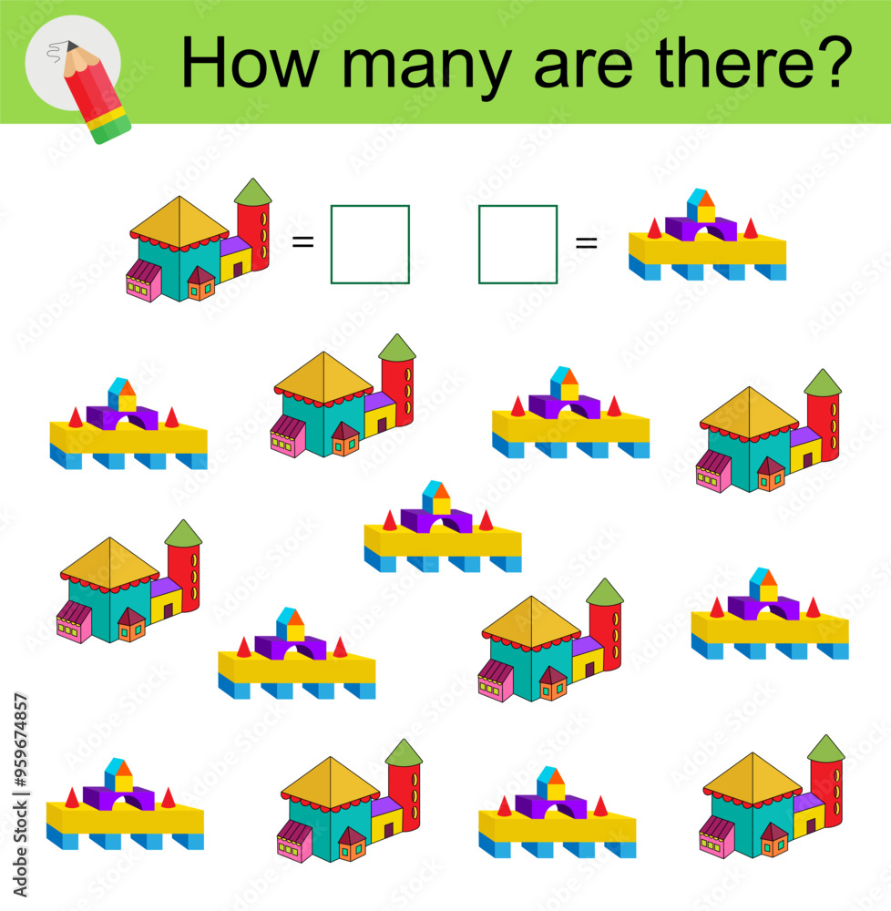 Math activity for kids. Developing numeracy skills. Cartoon house. Math activity for kids. Developing numeracy skills. Cartoon house.