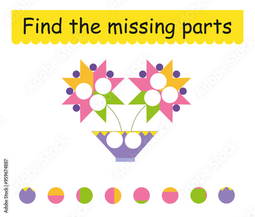 Game for children. Cute cartoon flower. Find the missing pieces.