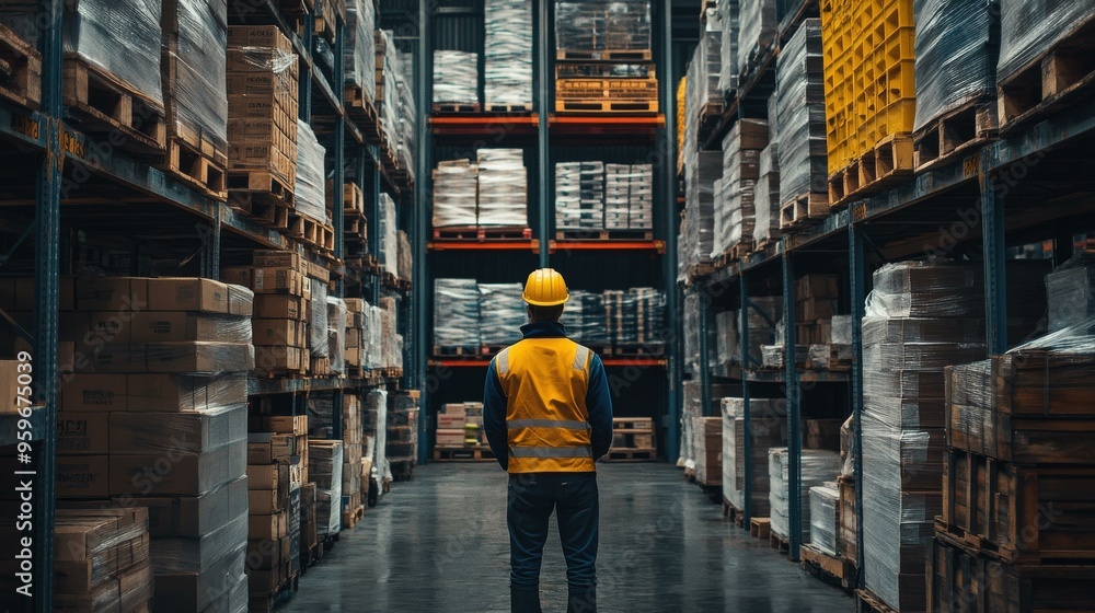 Warehouse Worker Standing in Aisle with Cardboard Boxes Warehouse Worker Standing in Aisle with Cardboard Boxes
