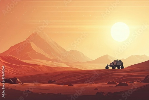 Martian Rover Exploring a Red Desert Landscape under a Bright Sun