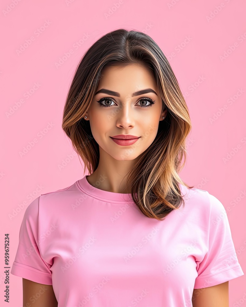 Portrait of beautiful girl model smiling in pink plain t-shirt mockup Portrait of beautiful girl model smiling in pink plain t-shirt mockup