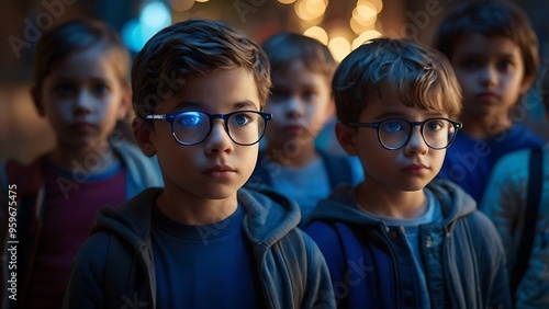 Group of Serious Children with Glasses in Dimly Lit Setting