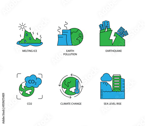 Environmental Pollution Icon Set: Melting Ice, Earth Pollution, Earthquake, CO2, Climate Change, Sea Level Rise Icons with Editable Stroke.