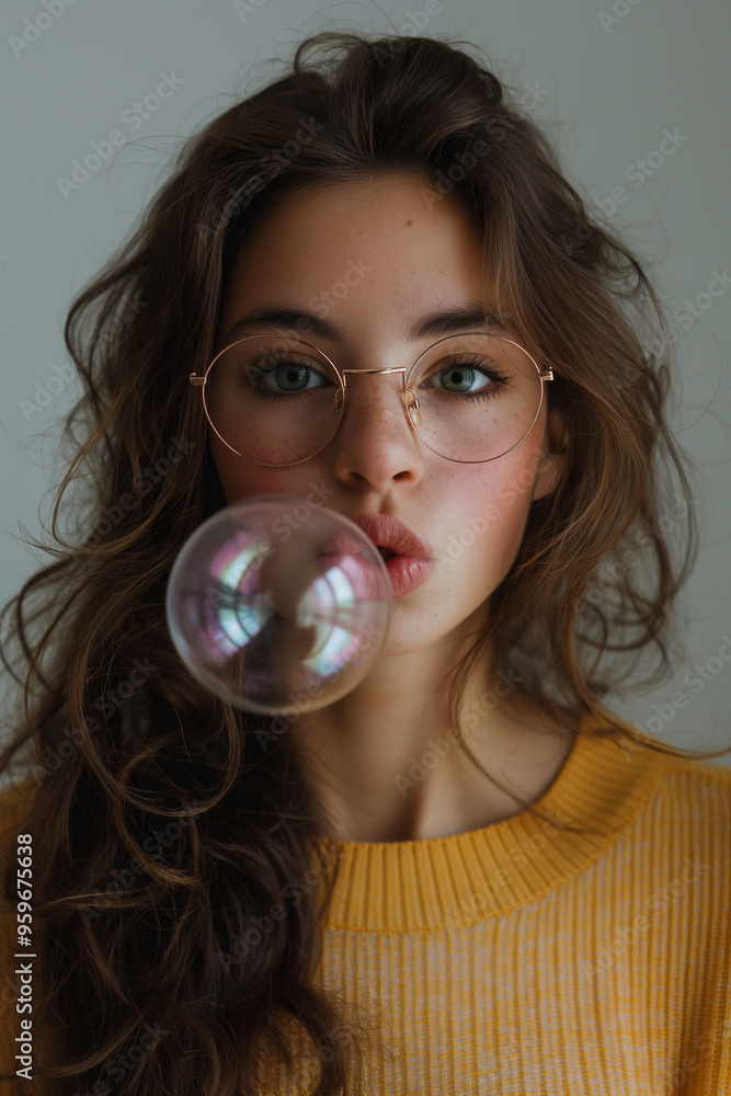 A young brunette woman with round glasses blows a bubble gum bubble, framed by soft natural light. The portrait captures a playful yet thoughtful expression in a cozy setting.