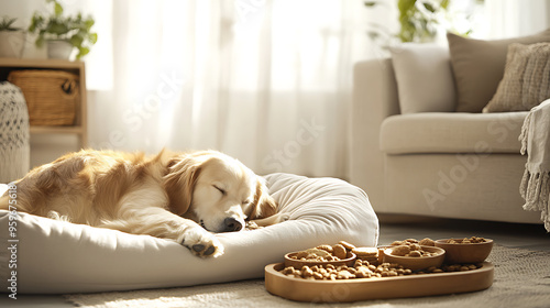 A Cozy Living Room Oasis for Your Beloved DogPlush BedGourmet Treatsand Sunlit Comfort photo