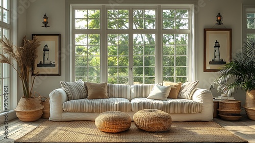 Coastal living room with classic Cape Cod style, featuring traditional furniture with striped upholstery, lighthouse-themed decor on the walls, and large windows bringing in soft natural light,