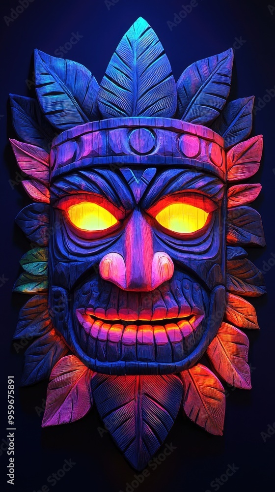 Glowing tiki mask glaring in a tropical jungle at night Glowing tiki mask glaring in a tropical jungle at night