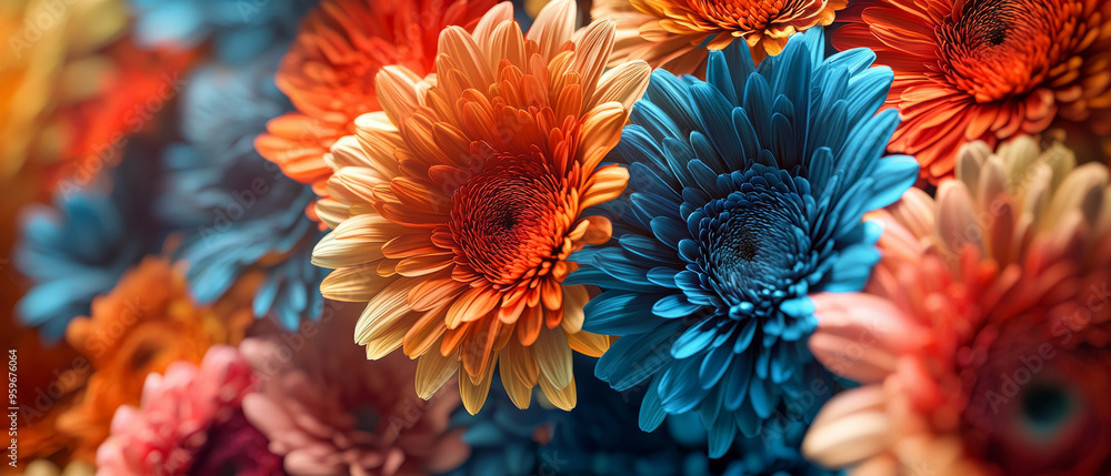Vibrant display of colorful mums flowers, showcasing stunning array of orange, blue, and pink hues. This image captures beauty and joy of nature. Vibrant display of colorful mums flowers, showcasing stunning array of orange, blue, and pink hues. This image captures beauty and joy of nature.
