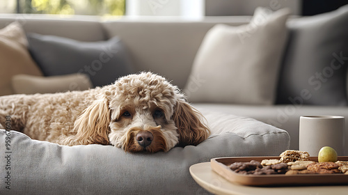 A Cozy HavenFluffy Dog Relaxing on Plush Bed Surrounded by Gourmet Treats in a WarmInviting Living Space photo