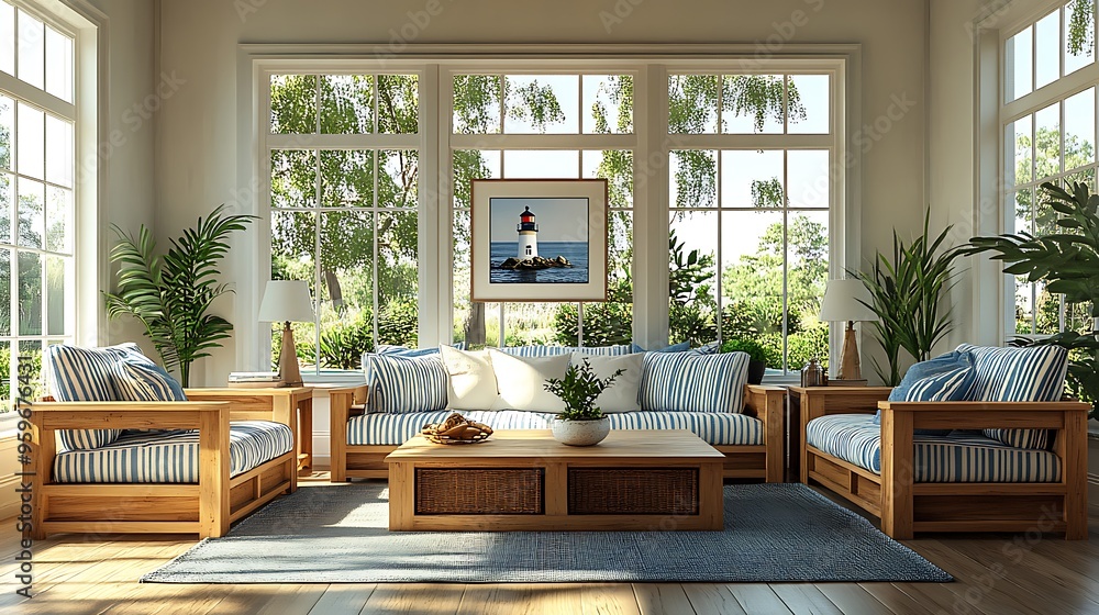 Obraz premium Coastal living room with traditional wooden furniture, striped blue and white cushions, and lighthouse decor accents, large windows allowing sunlight to brighten the space,