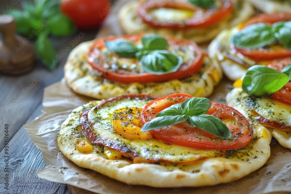 Delicious mini pizzas with pesto and tomatoes resting on baking paper Delicious mini pizzas with pesto and tomatoes resting on baking paper