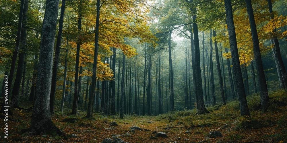Fototapeta premium Autumn forest showing colorful foliage and foggy morning light