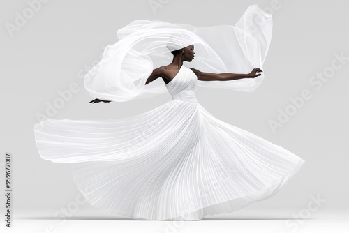 A woman in a white dress is dancing in the air. The dress is long and flowing, and the woman's hair is in a bun. Concept of grace and elegance
