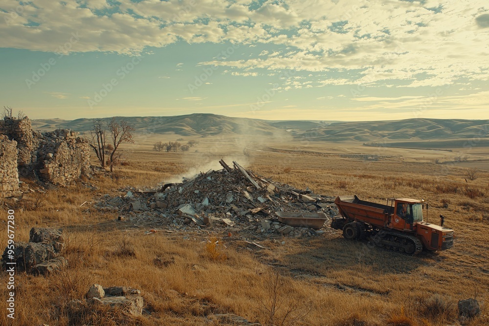 Obraz premium Demolished Building Remains and a Construction Truck on a Dry Field