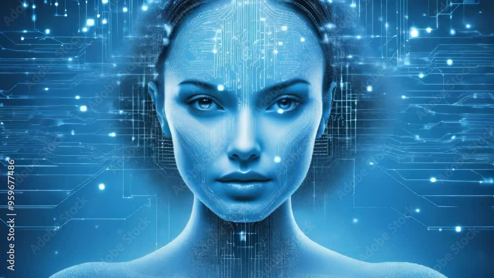 Digital Woman Portrait with Blue Circuit Board Background Digital Woman Portrait with Blue Circuit Board Background