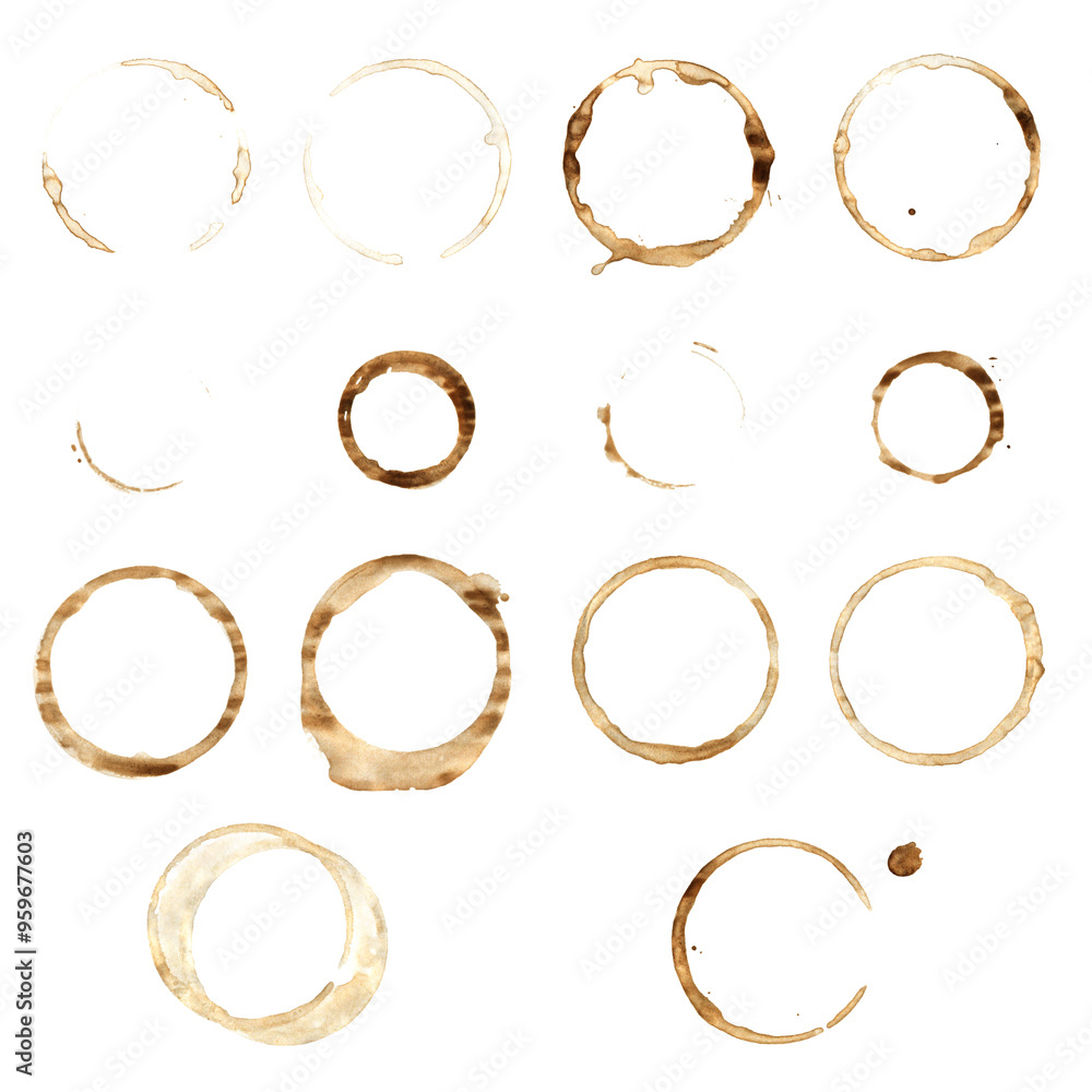 Various Coffee Stains of Different Sizes and Shapes on Isolated White Background for Design Projects Various Coffee Stains of Different Sizes and Shapes on Isolated White Background for Design Projects