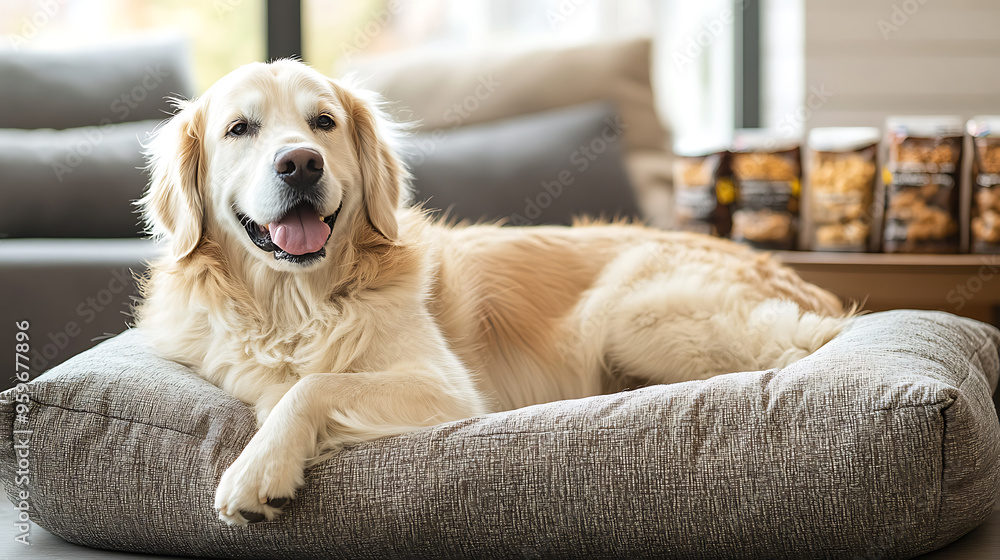 A Cozy RetreatA Contented Dog Relaxing on a Plush Pet Bed Surrounded by Gourmet Treats in a WarmInviting Room A Cozy RetreatA Contented Dog Relaxing on a Plush Pet Bed Surrounded by Gourmet Treats in a WarmInviting Room