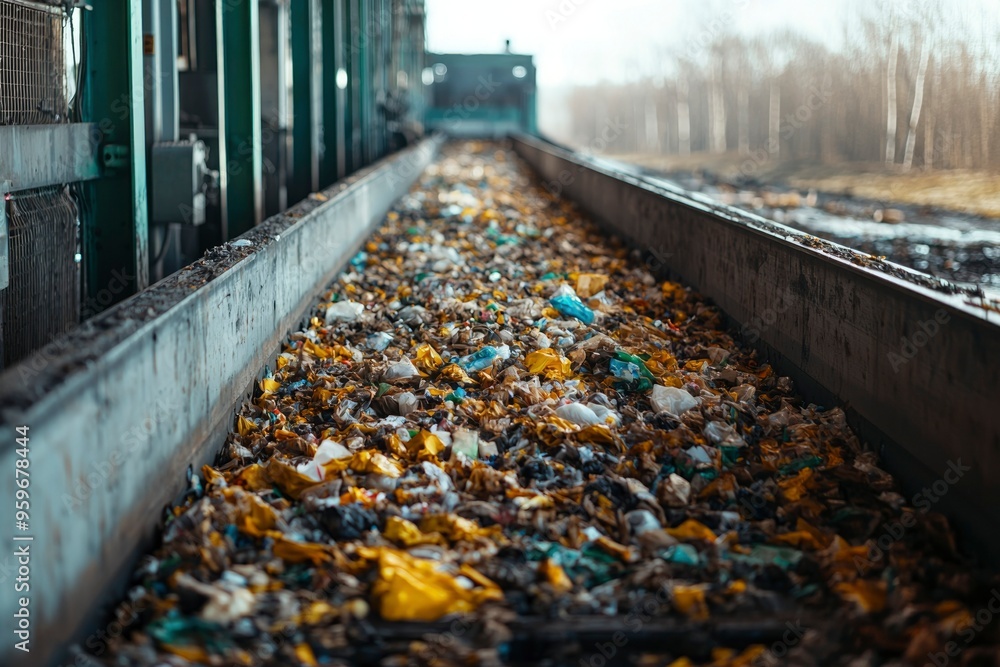 Conveyor Belt Carrying a Stream of Mixed Waste at a Recycling Plant Conveyor Belt Carrying a Stream of Mixed Waste at a Recycling Plant