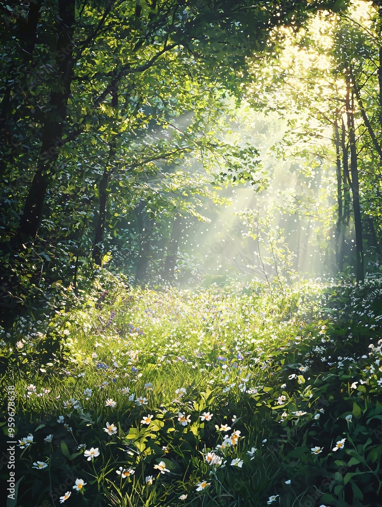 Obraz premium A serene woodland at sunrise, where soft sunlight dances through lush foliage, creating gentle shadows upon a bed of blooming wildflowers.