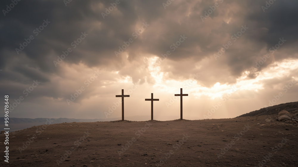 Obraz premium dark, stormy sky looms over three crosses on Golgotha, emphasizing the solemnity of Jesus Christ's sacrifice. The rugged landscape and dramatic lighting evoke themes of redemption