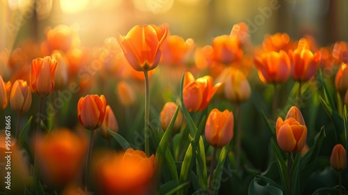 Vibrant orange tulips in full bloom during a beautiful sunset