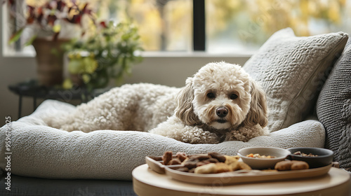 Cozy ComfortA Fluffy Dog Relaxing on a Plush Pet Bed with Gourmet Treats and a Warm Atmosphere photo