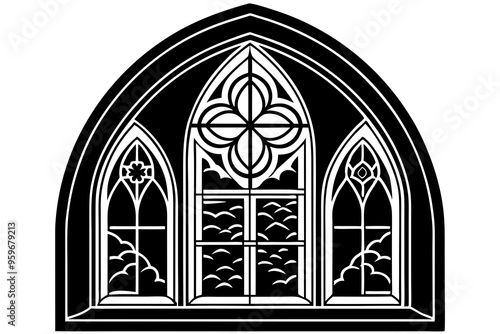 Church windows set. Silhouettes of gothic arches in line and glyph classic style. Old cathedral glass frames. Medieval interior elements. Vector