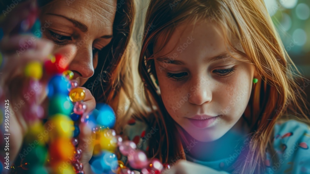A mother and daughter create colorful bead jewelry together, sharing an inspiring moment of creativity and bonding. A mother and daughter create colorful bead jewelry together, sharing an inspiring moment of creativity and bonding.