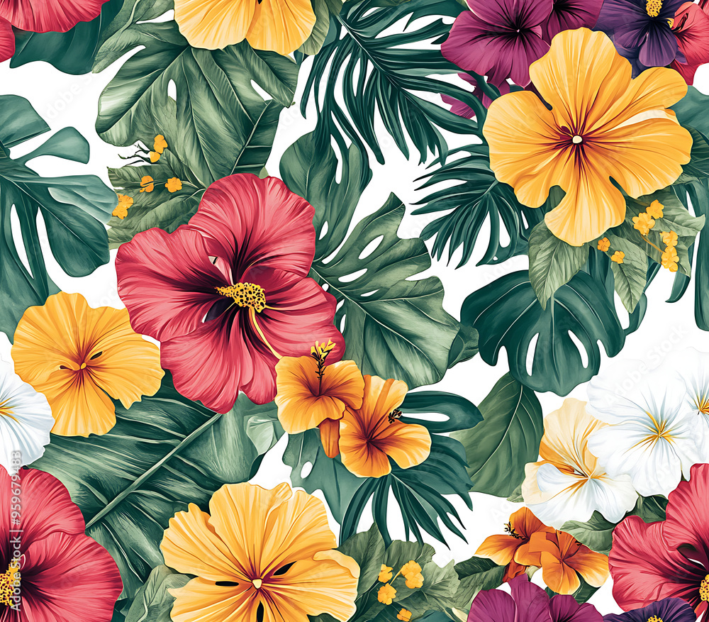 4. Intricate botanical pattern showcasing a mix of tropical flowers and exotic leaves in bright, bold colors on a white background 4. Intricate botanical pattern showcasing a mix of tropical flowers and exotic leaves in bright, bold colors on a white background