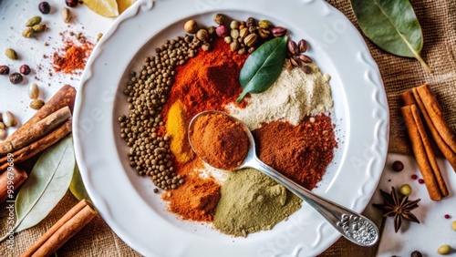 Assortment of Spices on a White Plate photo