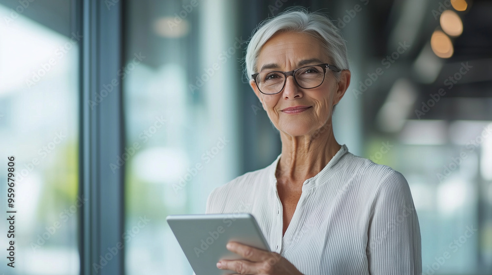 Joyful elderly professional interacting with a digital tablet in a sleek office environment, looking directly at the camera with a pleased expression, representing innovation and e Joyful elderly professional interacting with a digital tablet in a sleek office environment, looking directly at the camera with a pleased expression, representing innovation and e