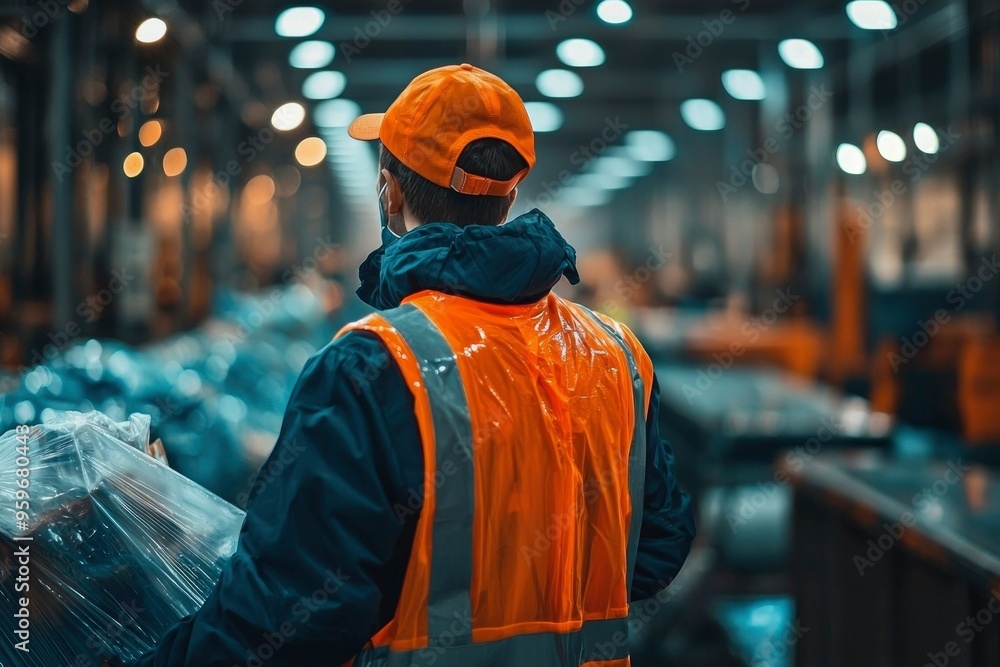 Obraz premium A worker in an orange vest and cap stands in a factory