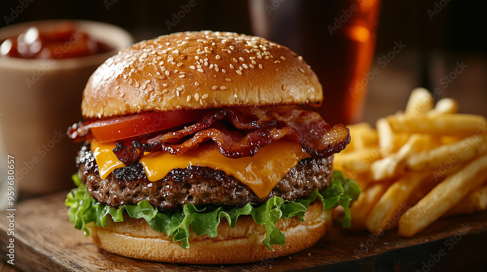 A close-up of a juicy cheeseburger with melted cheddar, crispy bacon, lettuce, and tomato A close-up of a juicy cheeseburger with melted cheddar, crispy bacon, lettuce, and tomato