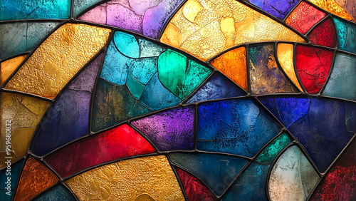 Radiant Abstract: Close-Up of Stained Glass with Gold Leaf Accents