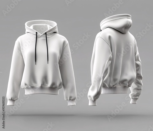 3D illustration of a hooded sweatshirt mockup featuring a front zipper, presented in cropped and side perspectives. photo