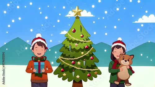 Wallpaper Mural Merry christmas animation with couple and pine Torontodigital.ca