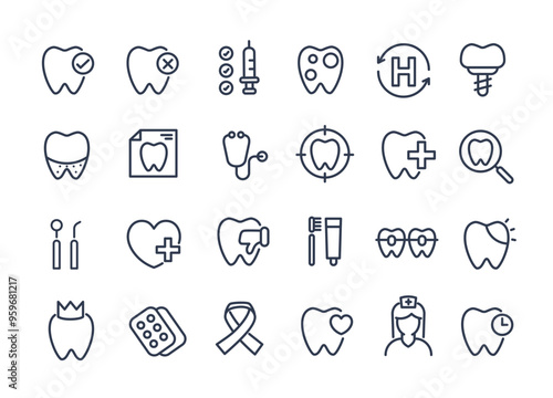 Dental icon set. containing tooth, dentist, toothpaste, toothbrush, teeth, implant and dentistry icons. can be used in children dentist clinic. medical health and dentistry concept.