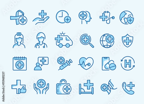 Health care and medical icon set. icons for hospital, health care, emergency, doctor, diagnosis, report, illness, ambulance and more. vector design.