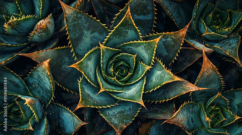 Fototapeta premium A detailed view of succulent plants reveals their fascinating textures and vibrant hues, highlighting their distinctive forms.