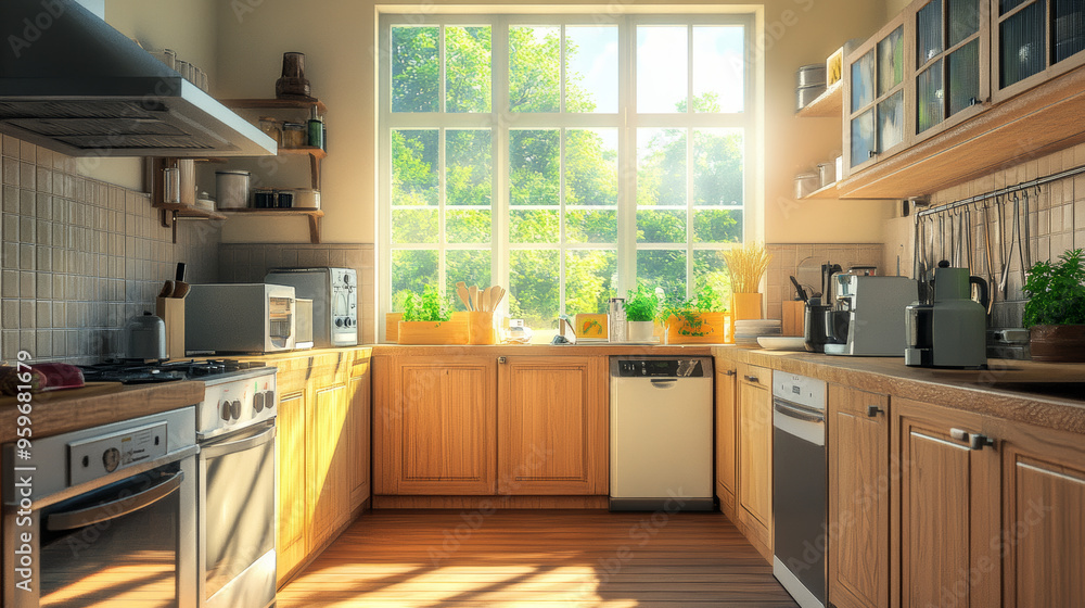 A sunny kitchen with a collection of appliances. The image is a 3D drawing. A sunny kitchen with a collection of appliances. The image is a 3D drawing.