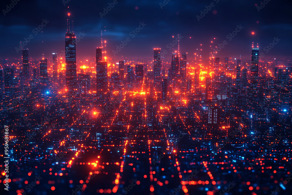 An image depicting a digital virtual city being scanned for potential hackers' attacks, with the concept of software development and binary computer code alongside technology and connection. An image depicting a digital virtual city being scanned for potential hackers' attacks, with the concept of software development and binary computer code alongside technology and connection.