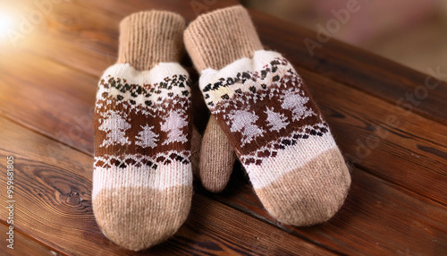 Warm knitted wnter mittens on wooden table