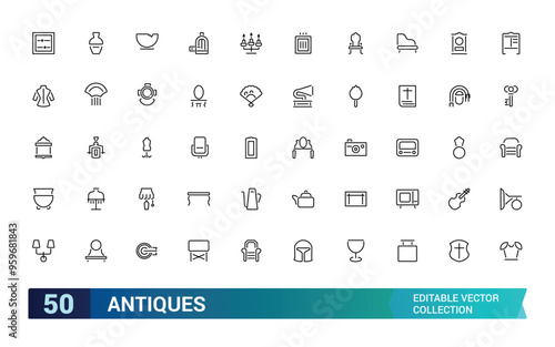 Set of thin line antiques icons. Pixel perfect, editable stroke, up scalable square line vector icon set. Editable stroke icons.