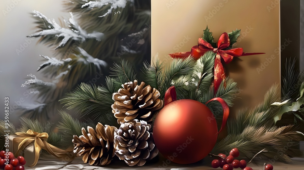 Christmas ornament, pine cones, and gift with red bow among pine branches on a wooden background. Template for quotes, and greetings cards Christmas ornament, pine cones, and gift with red bow among pine branches on a wooden background. Template for quotes, and greetings cards