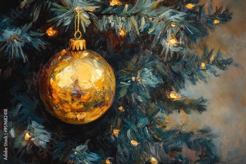 Oil painting depicting a festive Christmas scene featuring a decorated golden ornament on a Christmas tree symbolizing holiday cheer and decoration