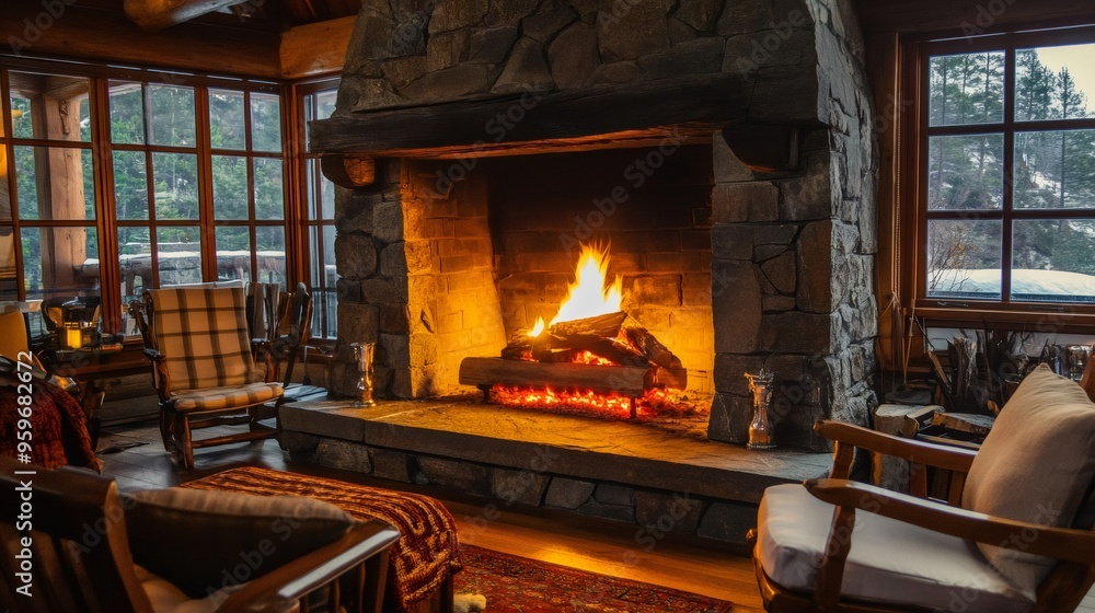 Cozy cabin living room with a fireplace and two comfortable chairs. Cozy cabin living room with a fireplace and two comfortable chairs.