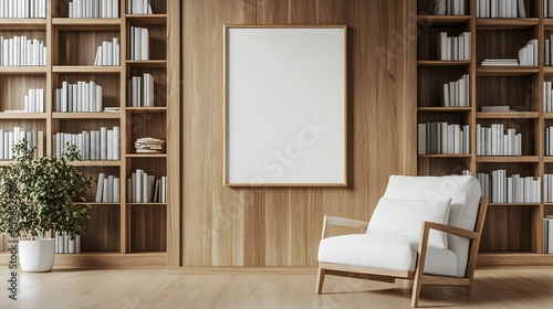 A mockup of an empty, blank poster frame in a modern interior with bookshelves and a white armchair, featuring light wood tones and a minimalistic style