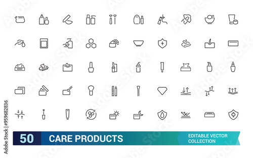 Care products icons collections. set off Thin line pictogram of lotion, powder, lipstick, mascara Outline icon collection. Editable stroke icons.