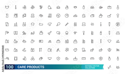 Care products icons collections. set off Thin line pictogram of lotion, powder, lipstick, mascara Outline icon collection. Editable stroke icons.